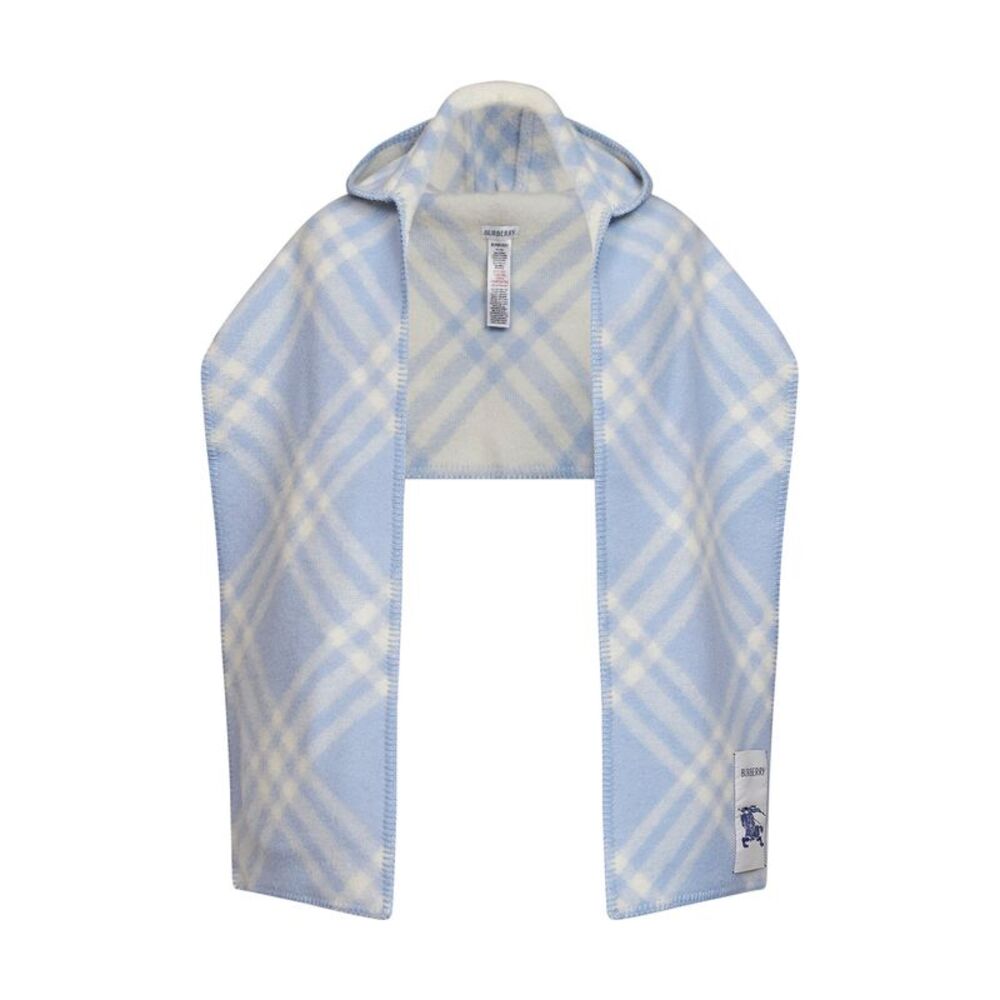 Burberry Women Light Blue Checked Wool Hooded Scarf <Br/>